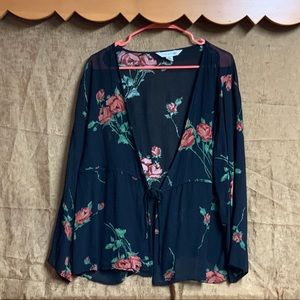 Floral print airy tie front cardigan